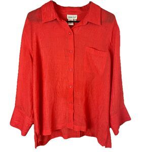 Coldwater Creek Women’s Coral Red Crinkle 3/4 Sleeve Blouse Size XL